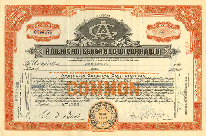 American General Corporation - 1936-46 dated Insurance Stock Certificate - Bough