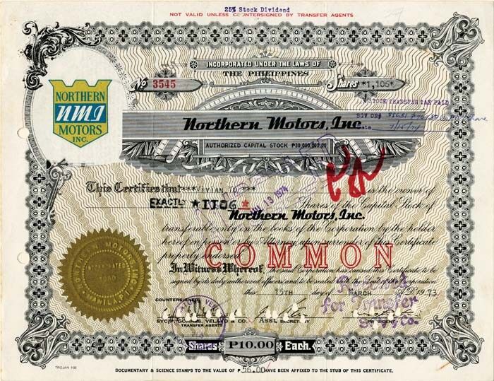 Northern Motors, Inc. - Stock Certificate - Automotive Stocks