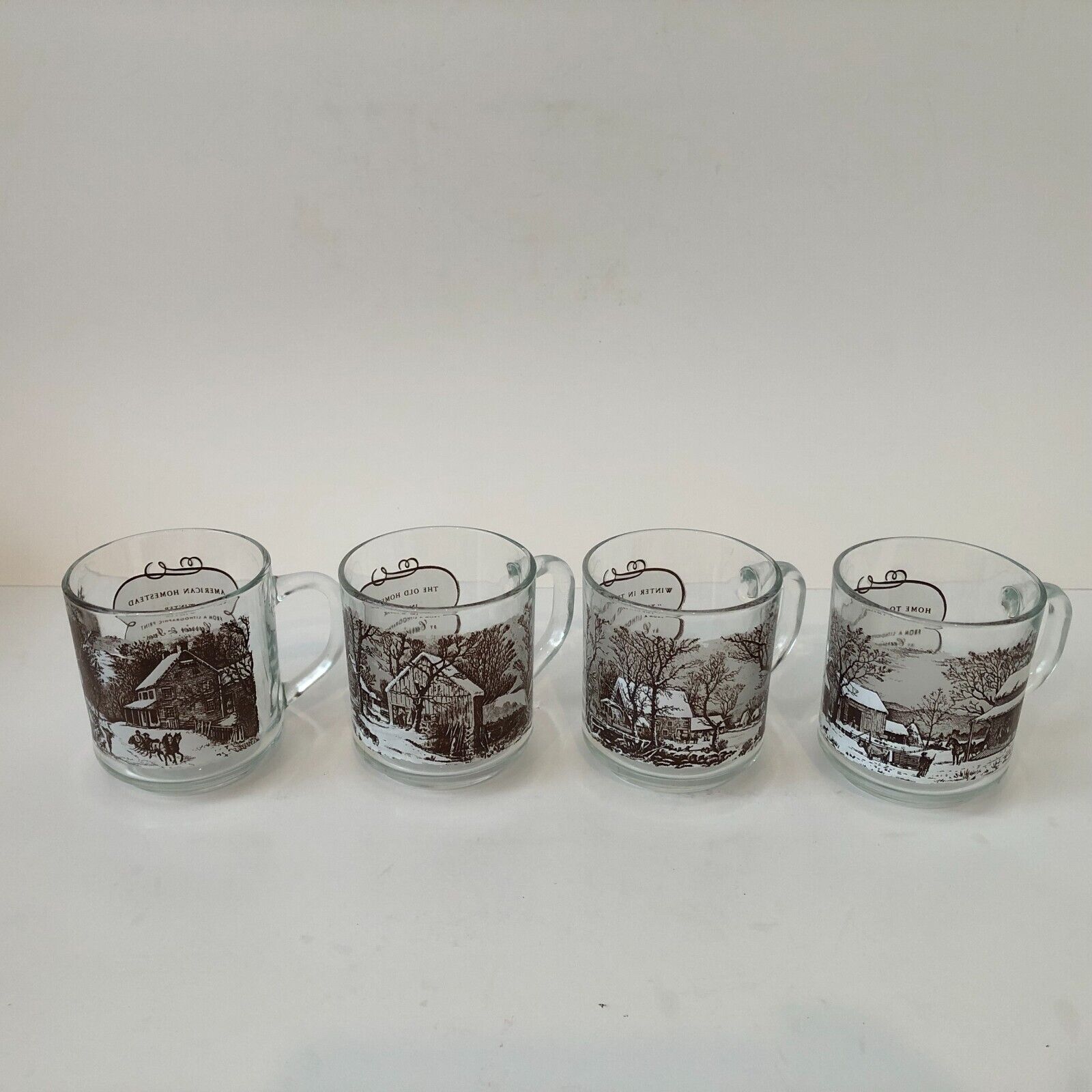 Vintage Set 4 Glass Coffee Mugs Currier & Ives Lithographic Prints After Supper