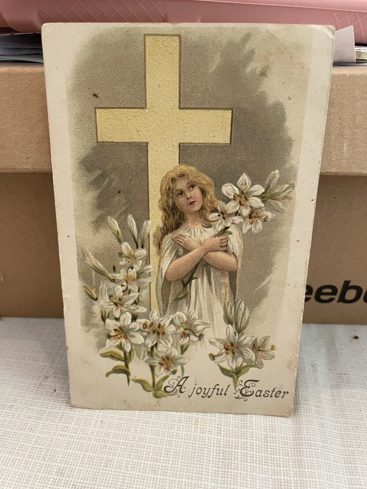 Vtg Postcard Embossed A Joyful Easter Cross Angel White Lilies 1917