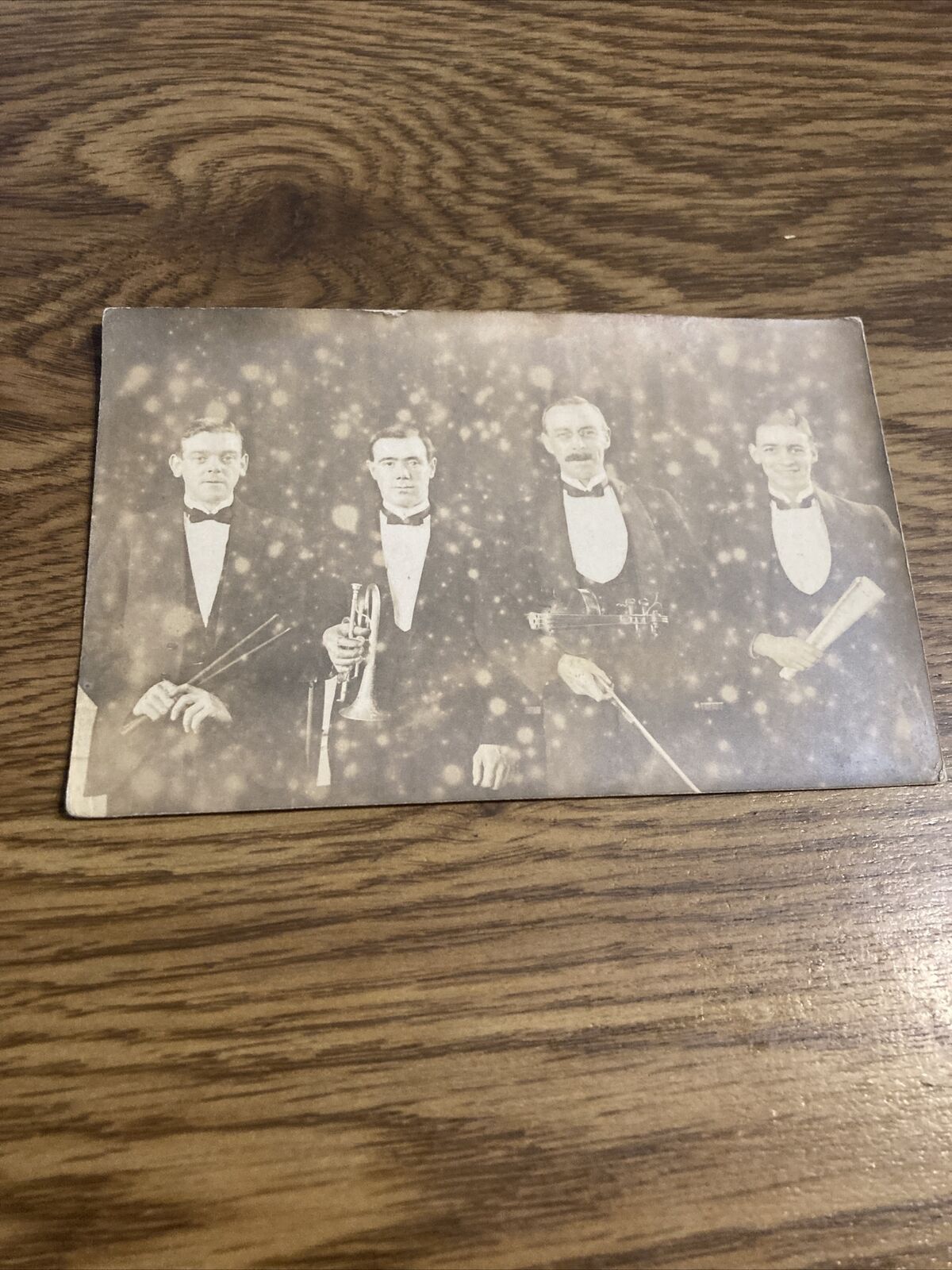 Antique Postcard 1922 RPPC Musicians, Band 4 Men with Instruments in tuxes
