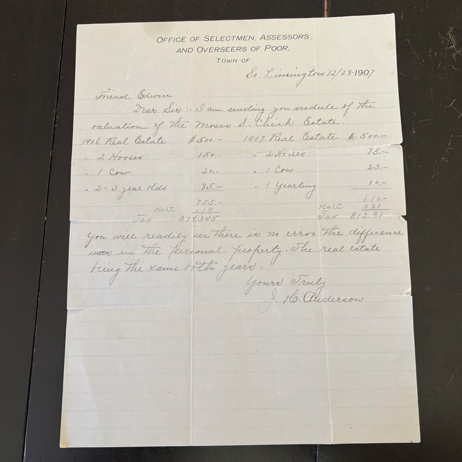 ATQ 1906 S. Livingston Office of Selectmen Tax Assessment on Farm Horses Cow