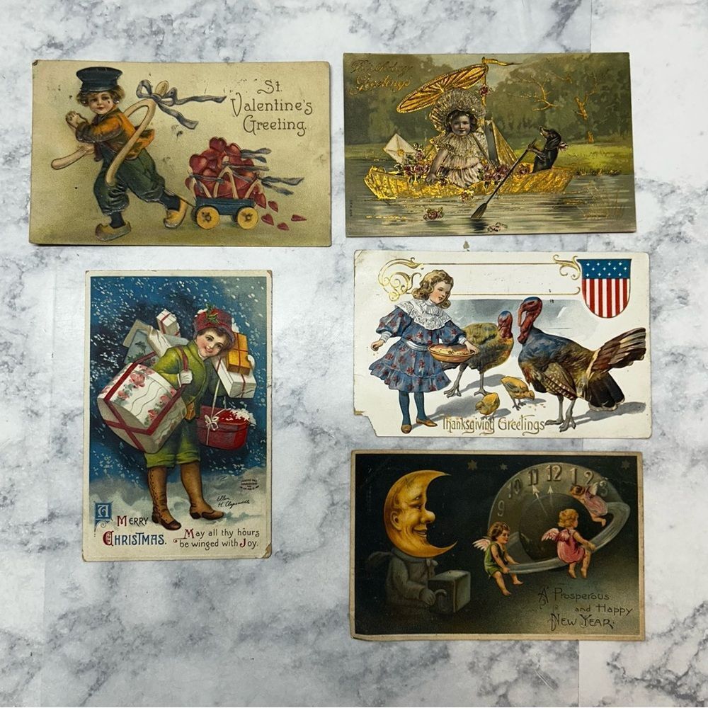 5 Victorian era advertising vintage postcards stamped 1909 ephemera