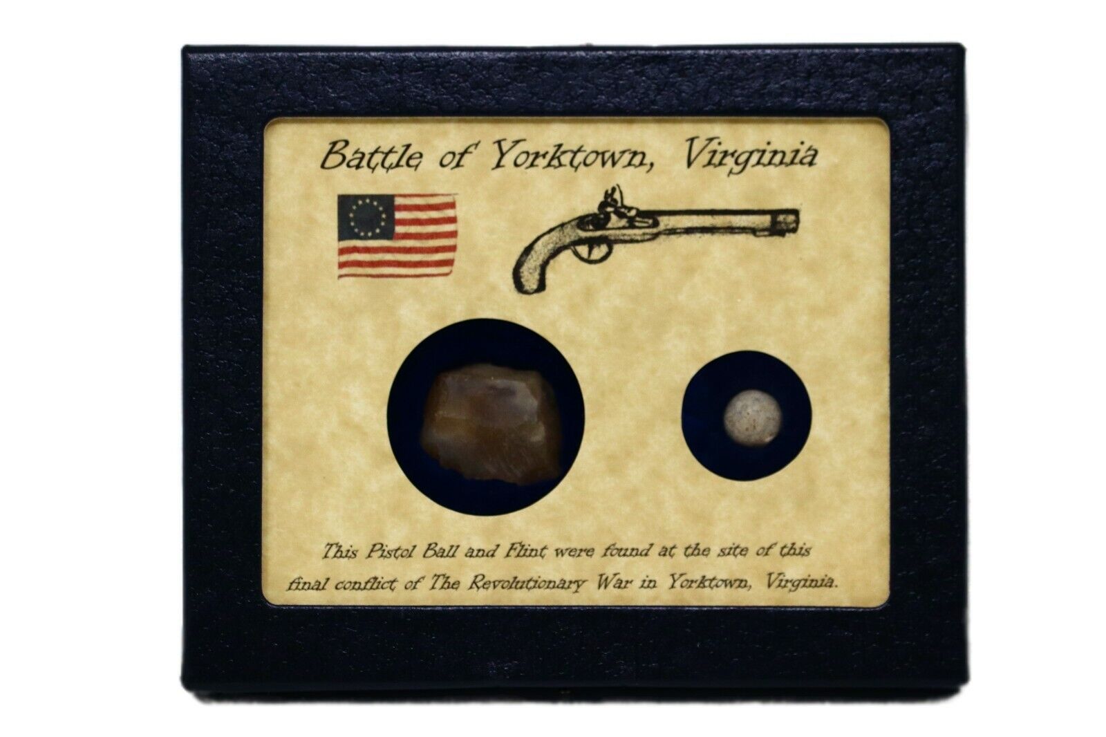 Authentic Revolutionary War Era Pistol Ball & Flint with Display Case and COA