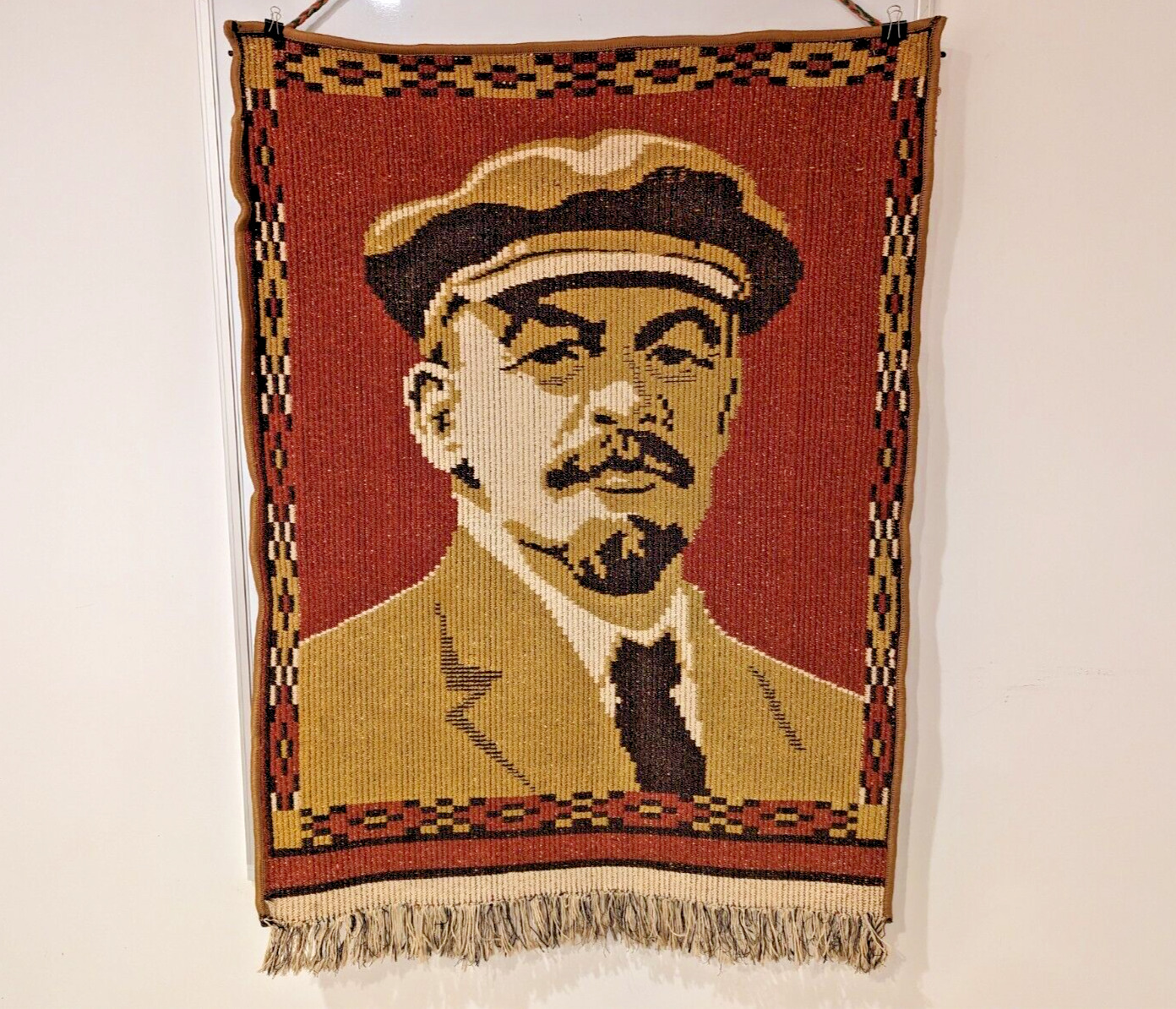 Vintage Soviet Propaganda Wall Carpet - Homespun Portrait of Lenin - Stalin Era
