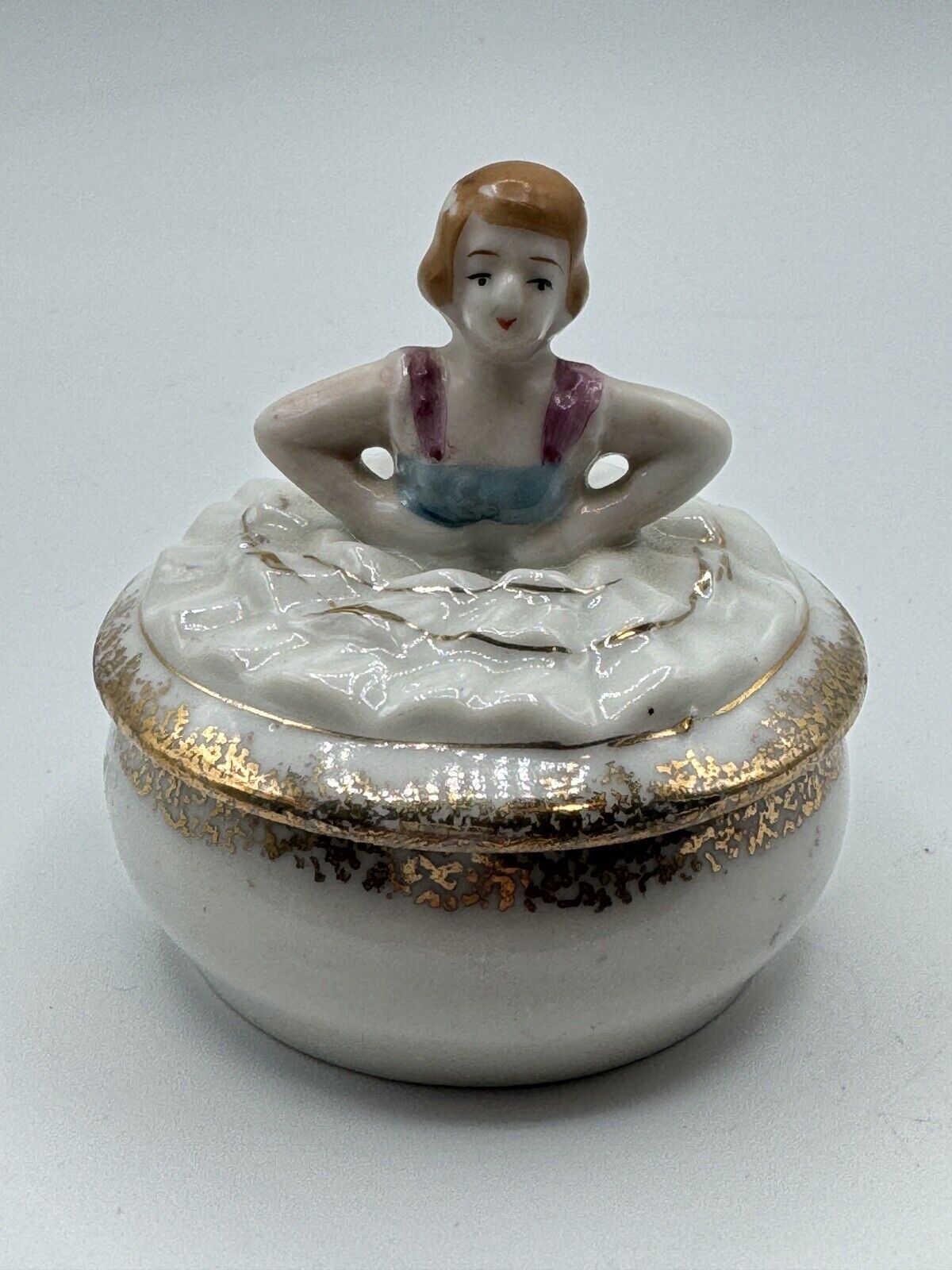 Antique Vintage Lady Half Doll Porcelain Vanity Jar 3”