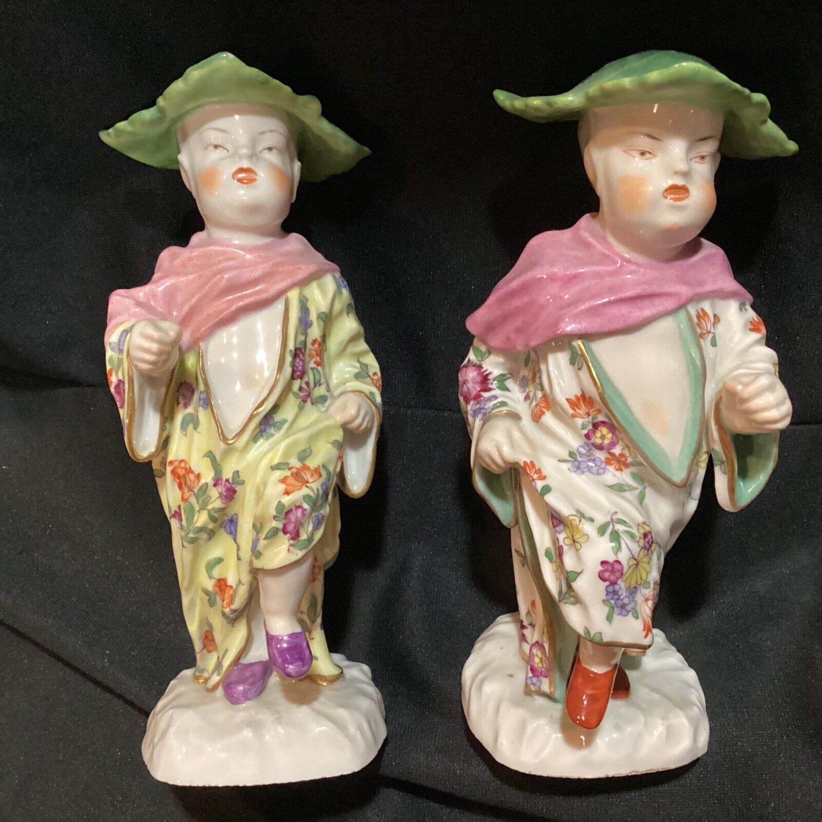Antique Pair Meissen Porcelain Chinese Boy Figurines Cabbage Leaf Hats Samson