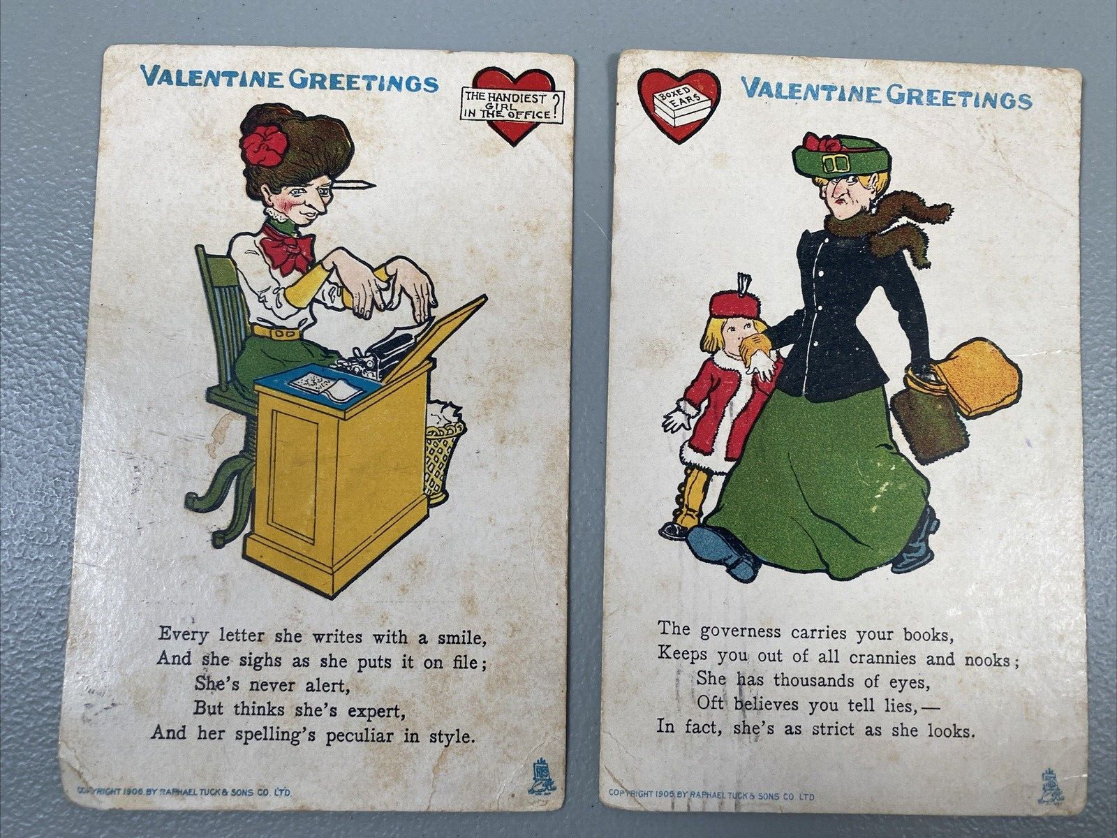 Vintage Valentine Postcard Set Raphael Tuck & Son 1906 Governess Child Secretary