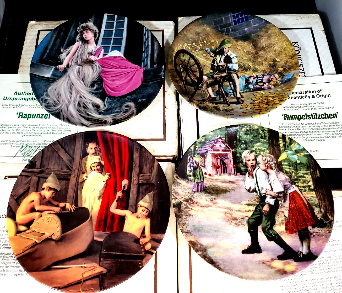 Set of 4 Charles Gehm Konigszelt Grimm\'s Fairy Tales Collector Plates with COA