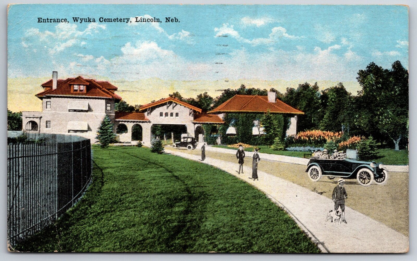 Lincoln Nebraska~Entrance To Wyuka Cemetery W/ Automobile~PM 1920~Vtg Postcard