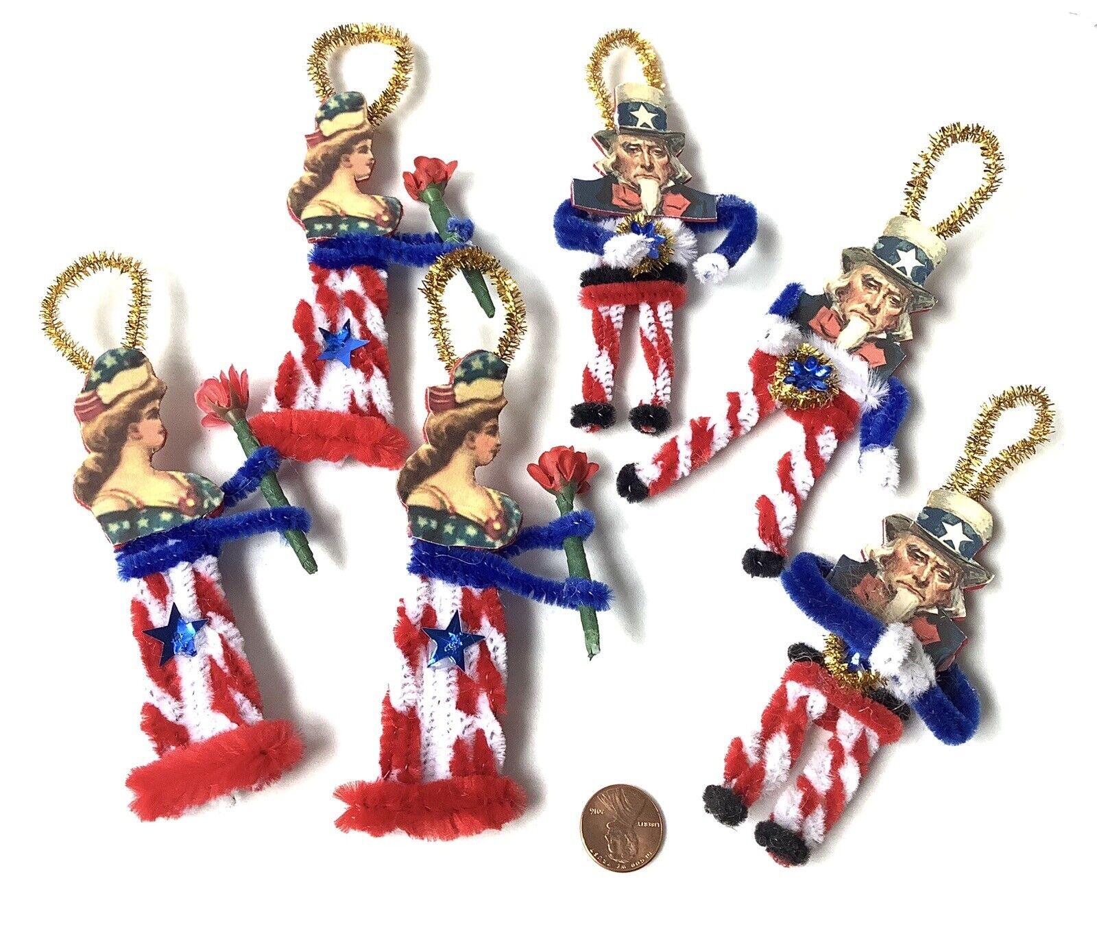 Handmade * Scrap-Art Style * Chenille Uncle Sam & Lady Liberty Ornaments