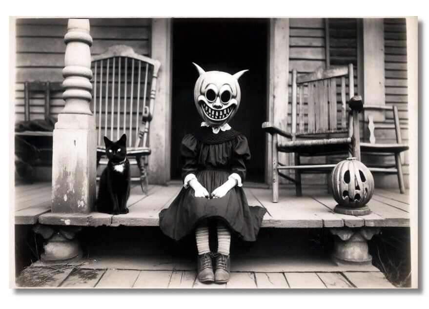 MAGNET-HALLOWEEN GIRL IN CREEPY MASK WITH BLACK CAT ON PORCH