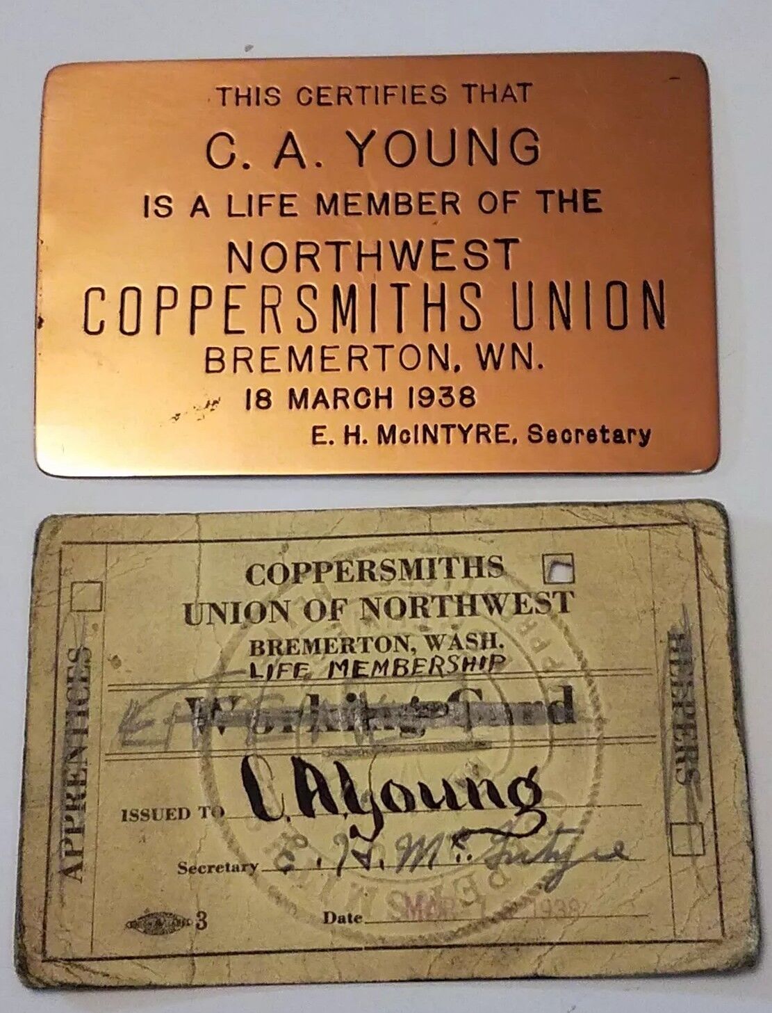 2 Pc Vintage Metal Northwest Coppersmith Union Membership Cards March 1938