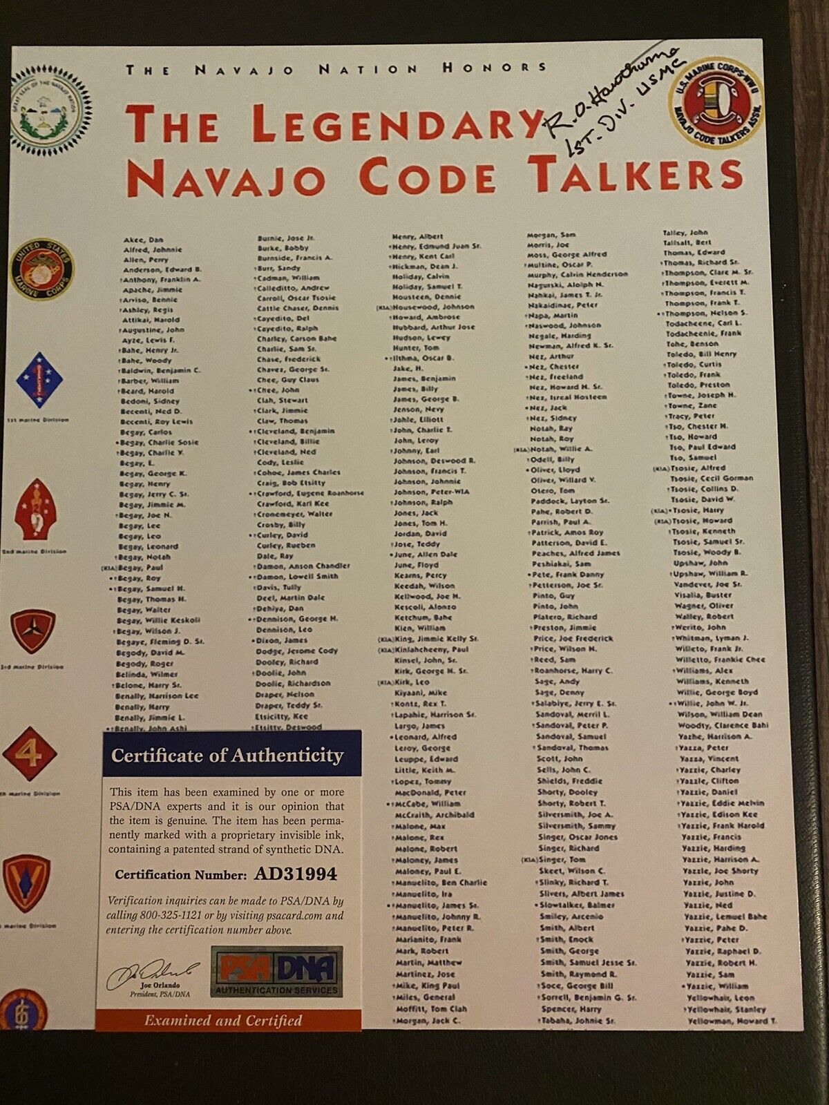 PSA/DNA Roy Hawthorne Navajo Code Talker Autographed 8x10 Picture