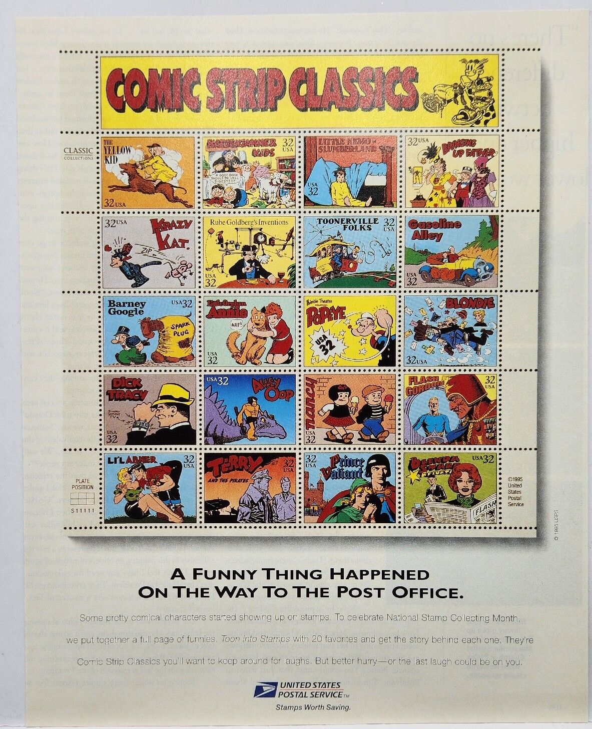 1995 USPS U.S. Postal Service Stamps Comic Strip Classics Poster Print Ad
