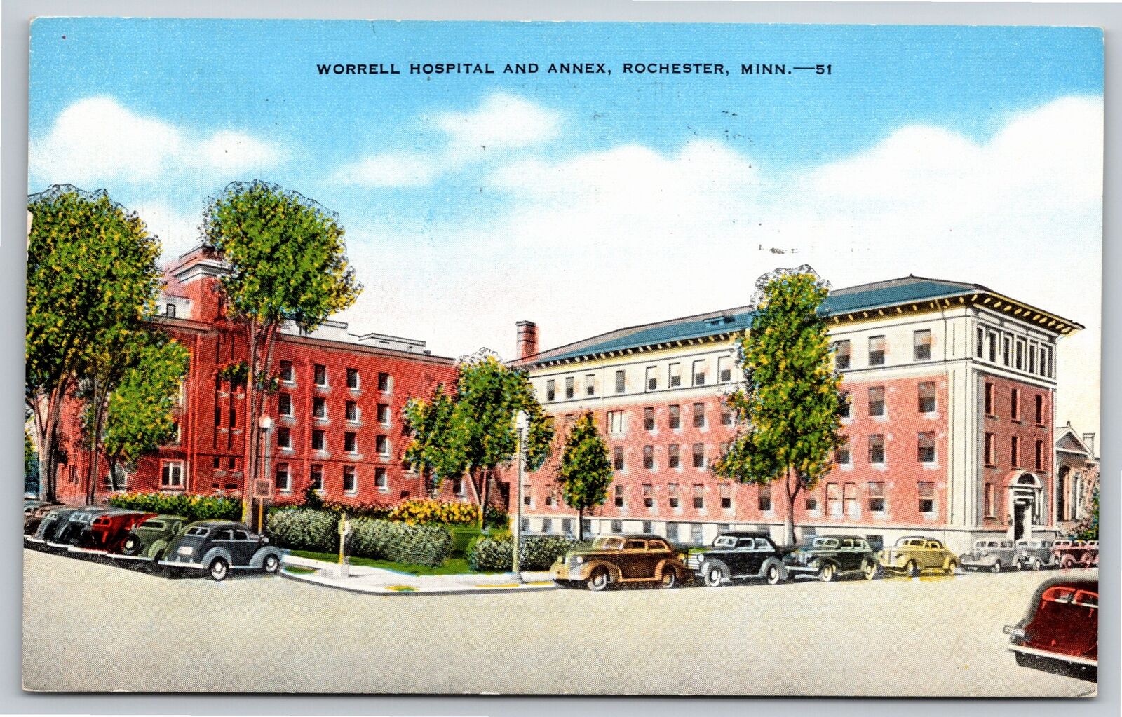 Rochester Minnesota~Worrell Hospital & Annex Street View~PM 1946~Linen Postcard