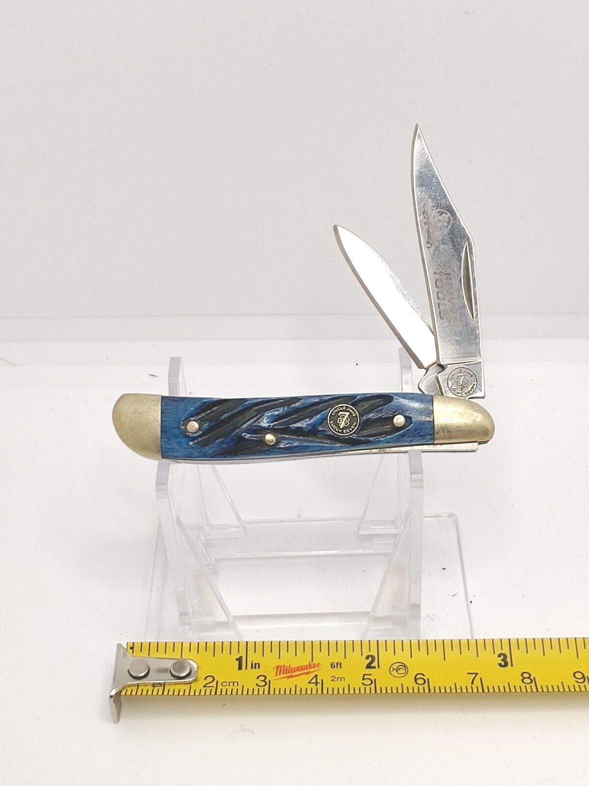 Uncle Jim's Lucky Seven Stockman Folding Pocket Knife Blue Handle Stainless NICE