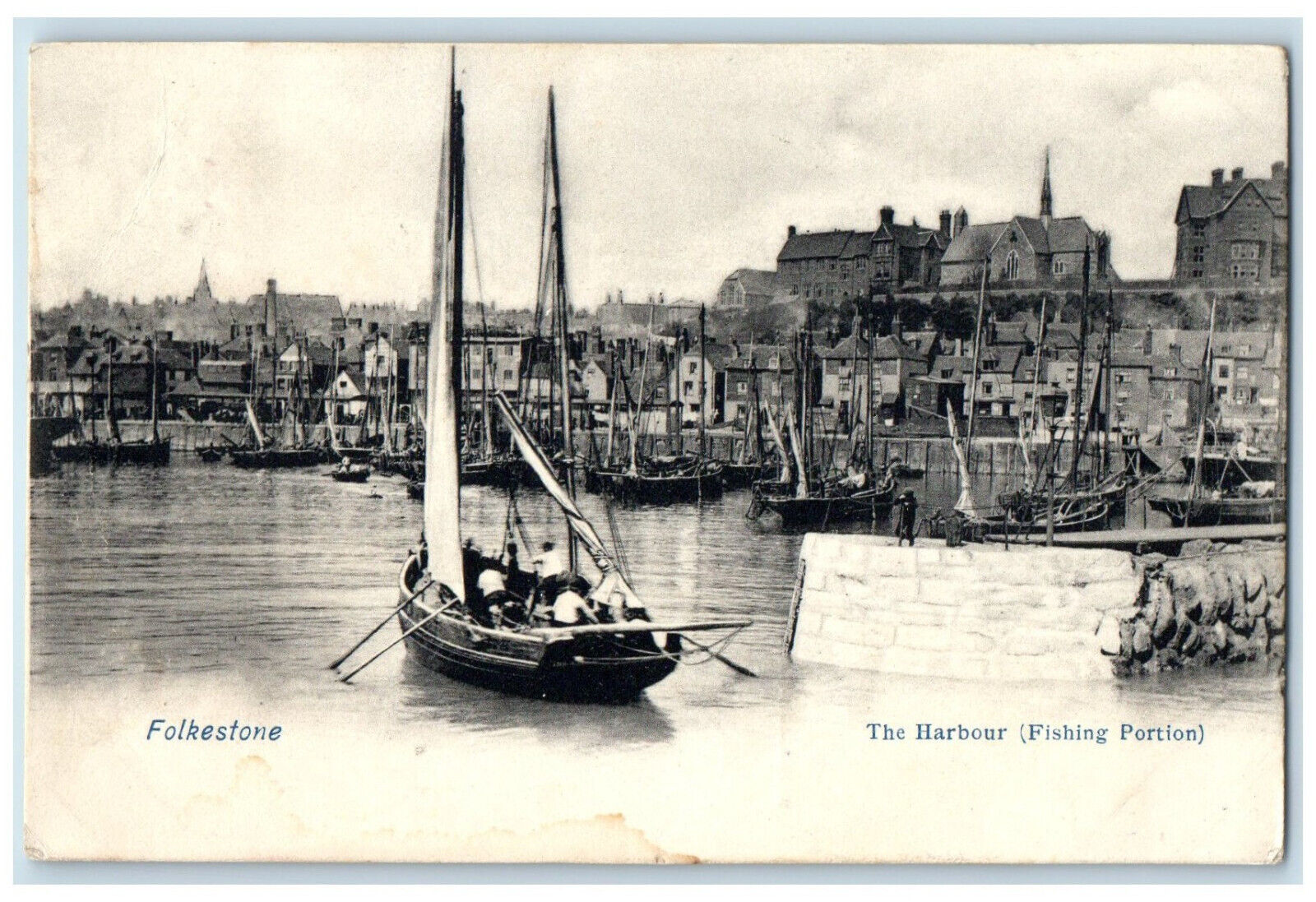 1906 The Harbour (Fishing Portion) Folkestone England Boat Scene Postcard