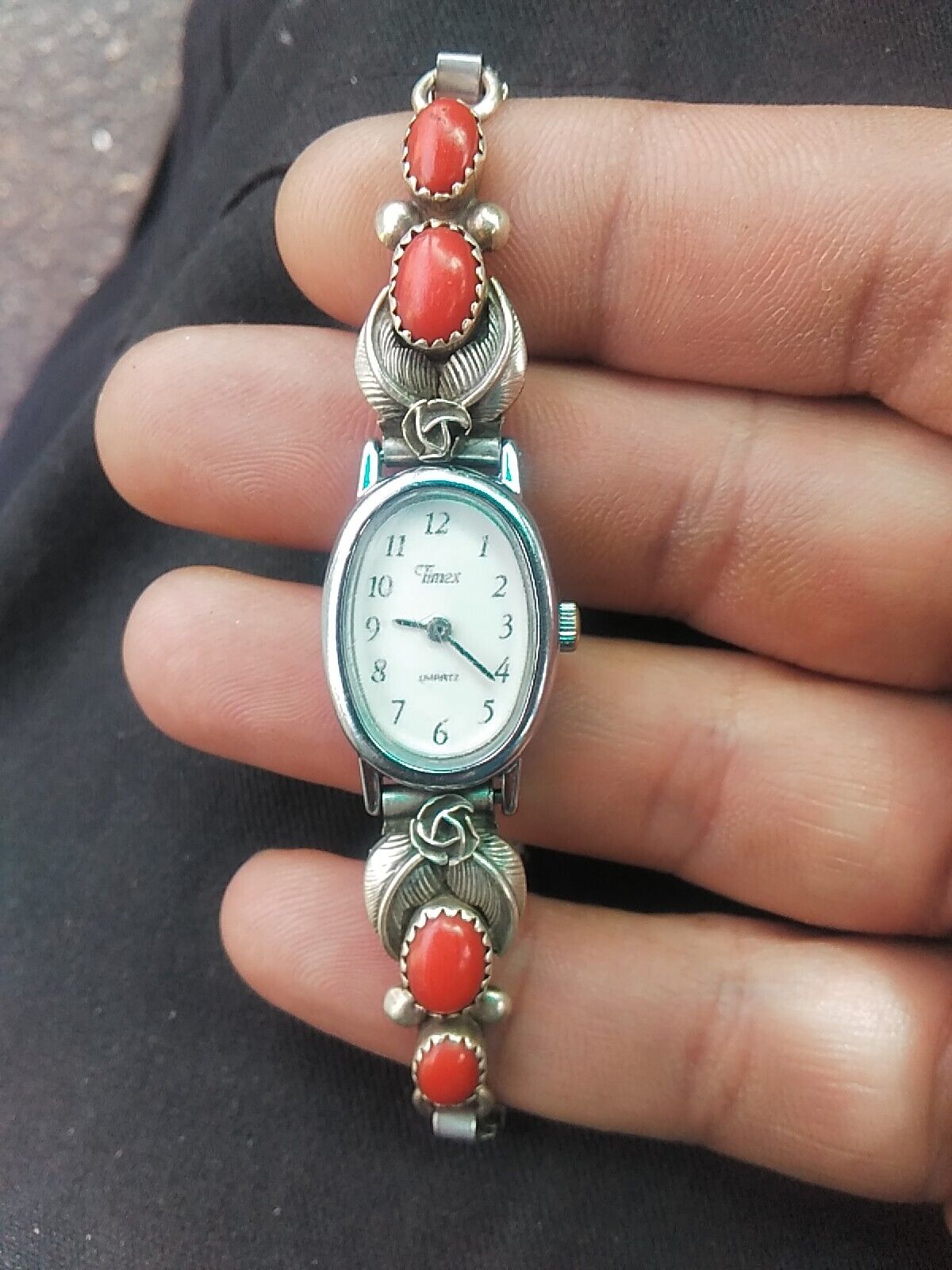 Vintage Timex Women's Watch Navajo Sterling W/Coral Working 