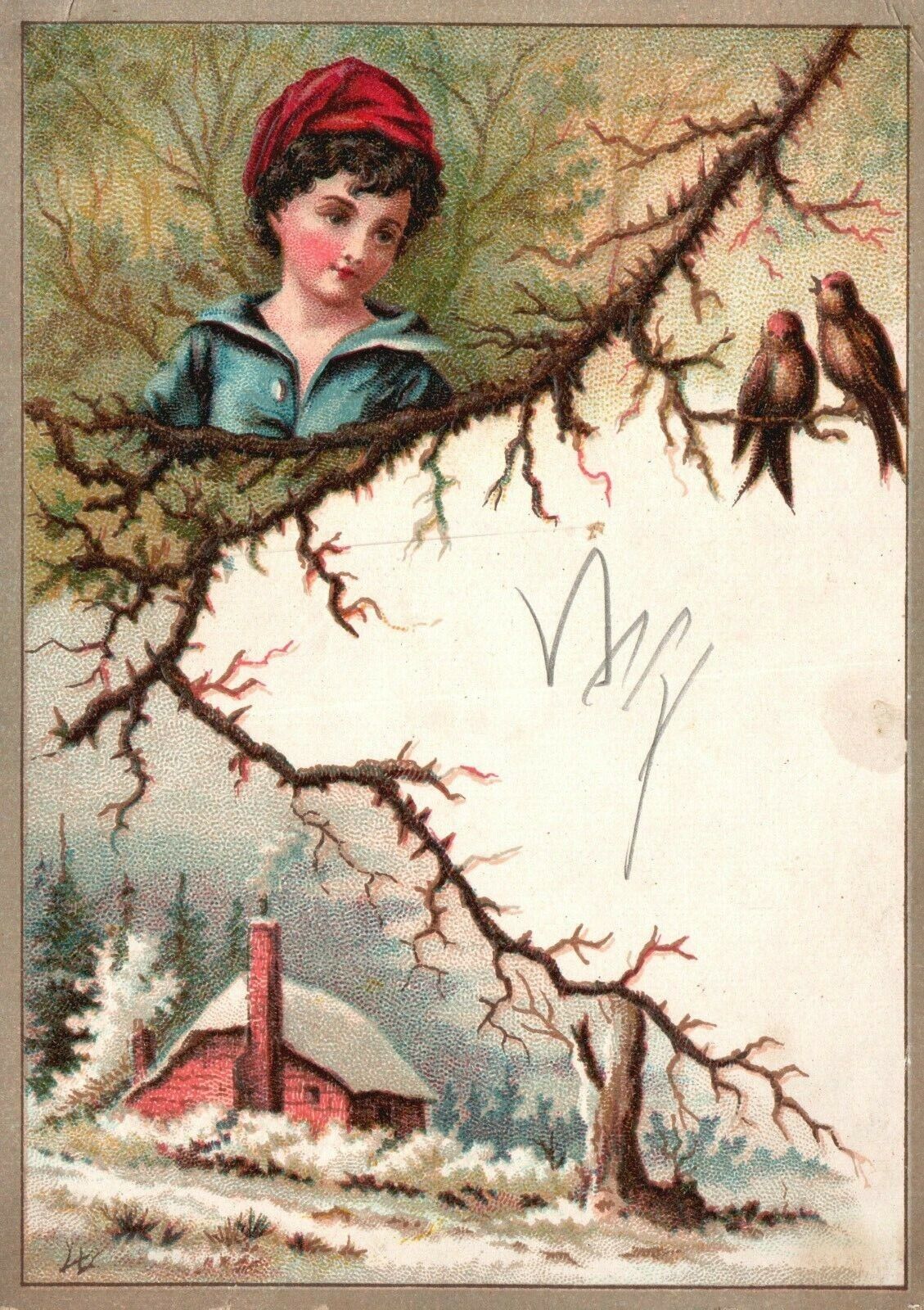 1880s-90s Young Girl Birds and Home Scene Trade Card