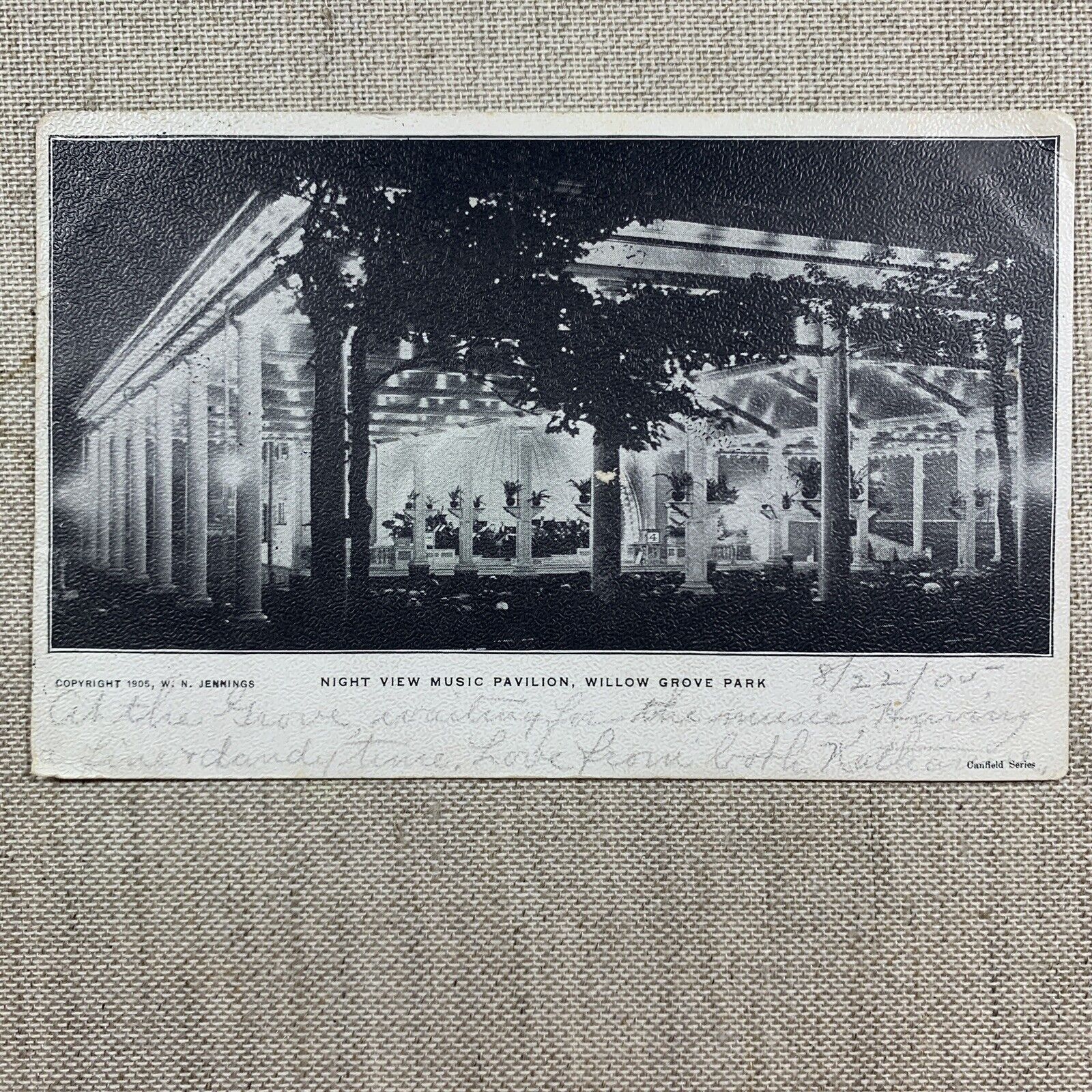 1905 Night View Music Pavilion Willow Grove Amusement Park, PA B & W Postcard