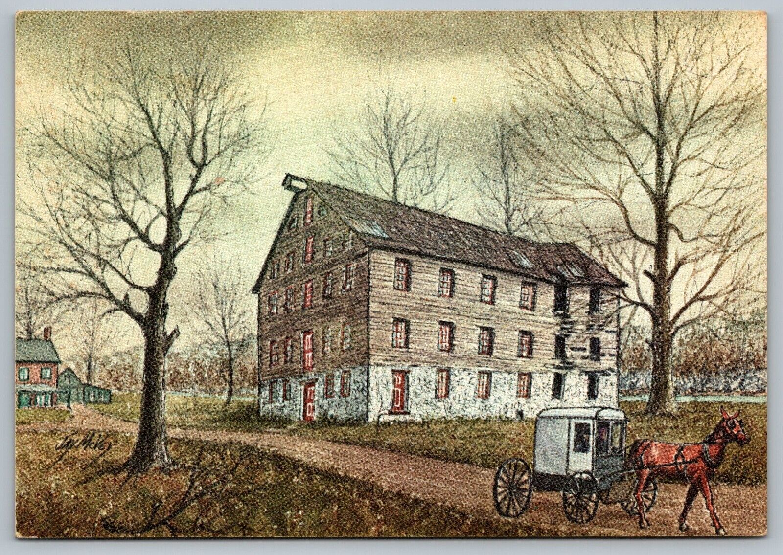 Postcard Dutch Art Old Mill  Amish Country Watercolor Jay McVey Ephrata PA