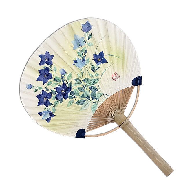 Japanese Uchiwa Flat Fan Hand Held Bamboo Handle Blue Kikyo Flower Pattern