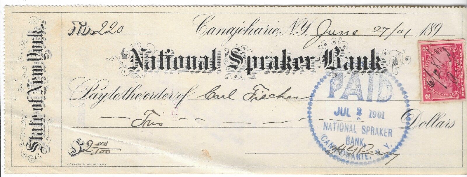 1901 Check, National Spraker Bank, Canajoharie, New York, Carl Fiecher