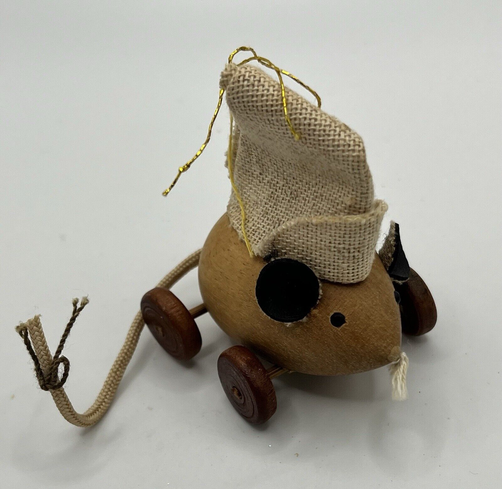 Vintage 1978 Gibson Wooden Mouse Christmas Ornament  Burlap Hat Pull Toy