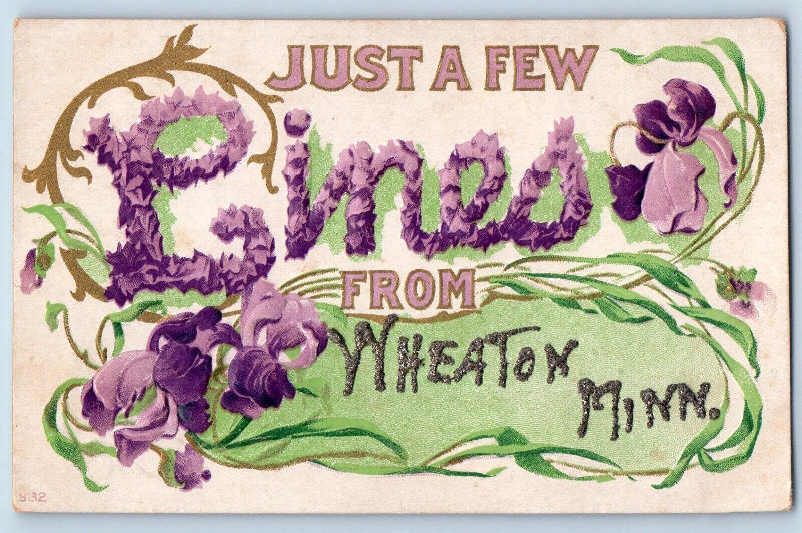 Wheaton Minnesota MN Postcard Just Lines Embossed Glitter c1910 Vintage Antique
