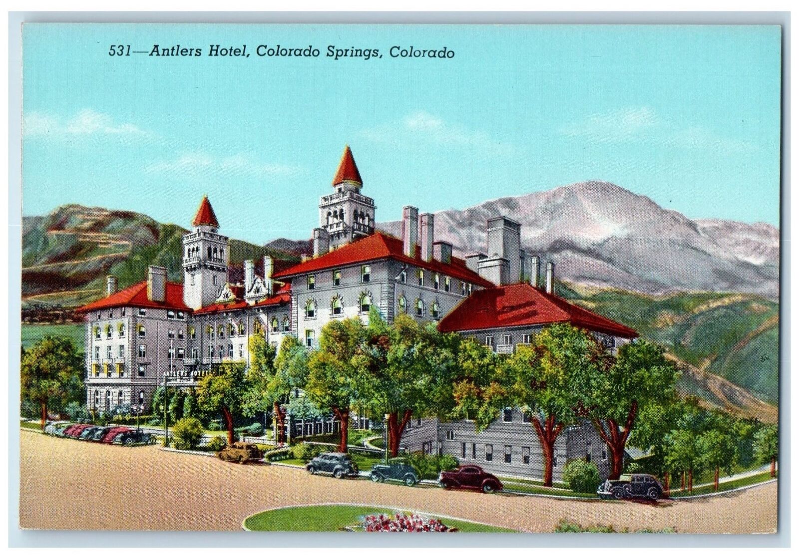 Colorado Springs Colorado CO Postcard Antlers Hotel Exterior Roadside c1940\'s