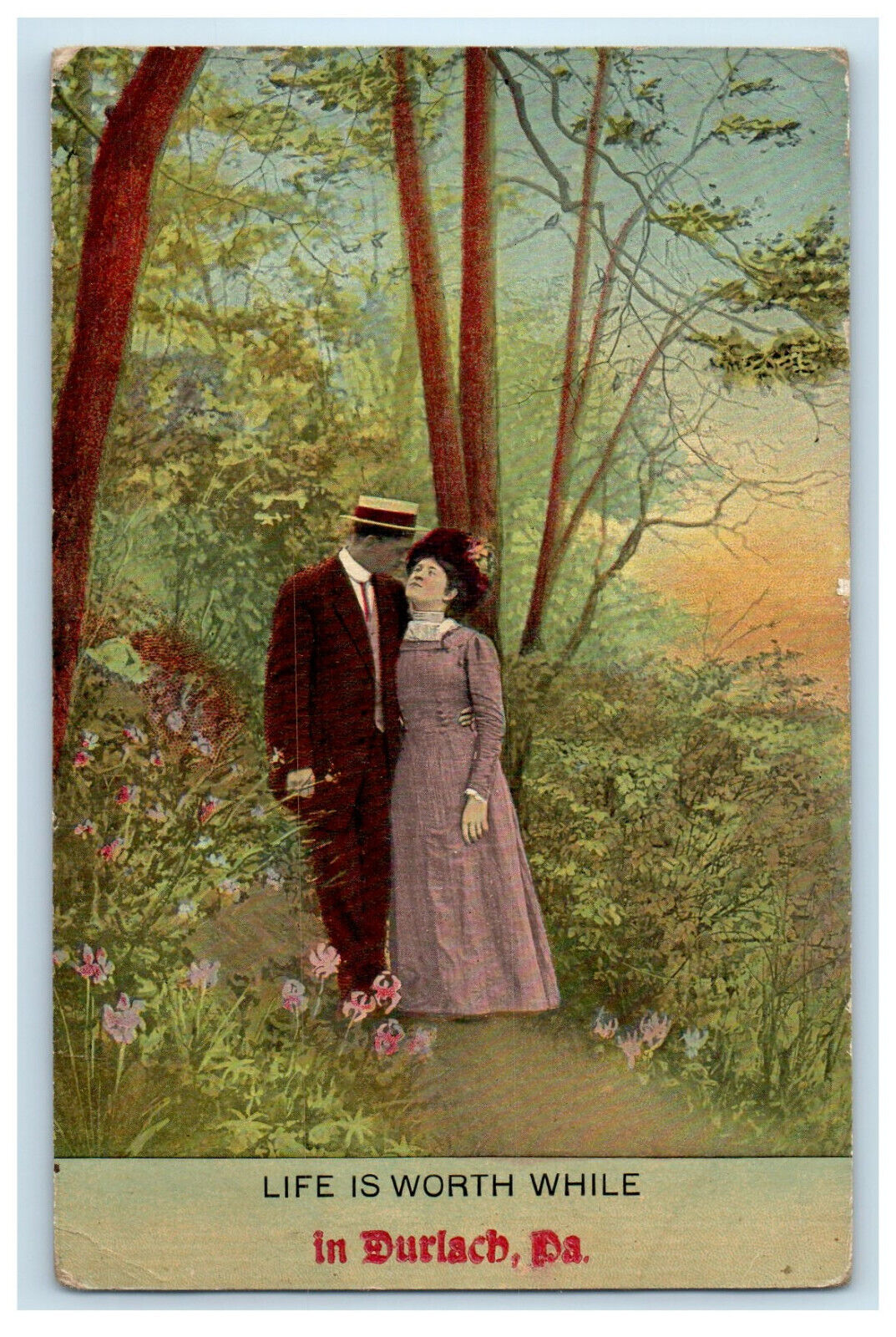 1913 Lovers Scene, Life is Worth While In Durlach Pennsylvania Postcard