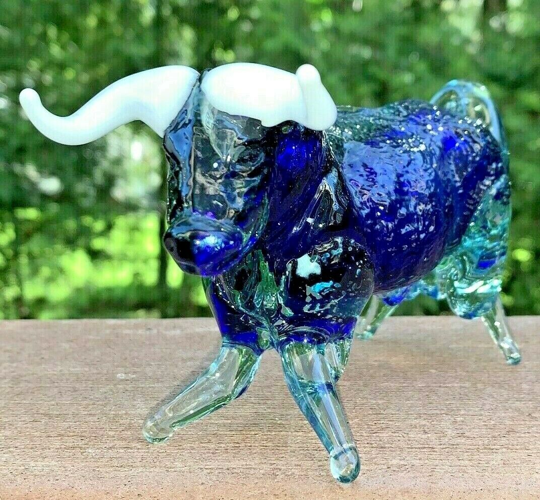Mexican Cristales de Chihuahua Royal Blue Glass Sculptured Bull Figurine
