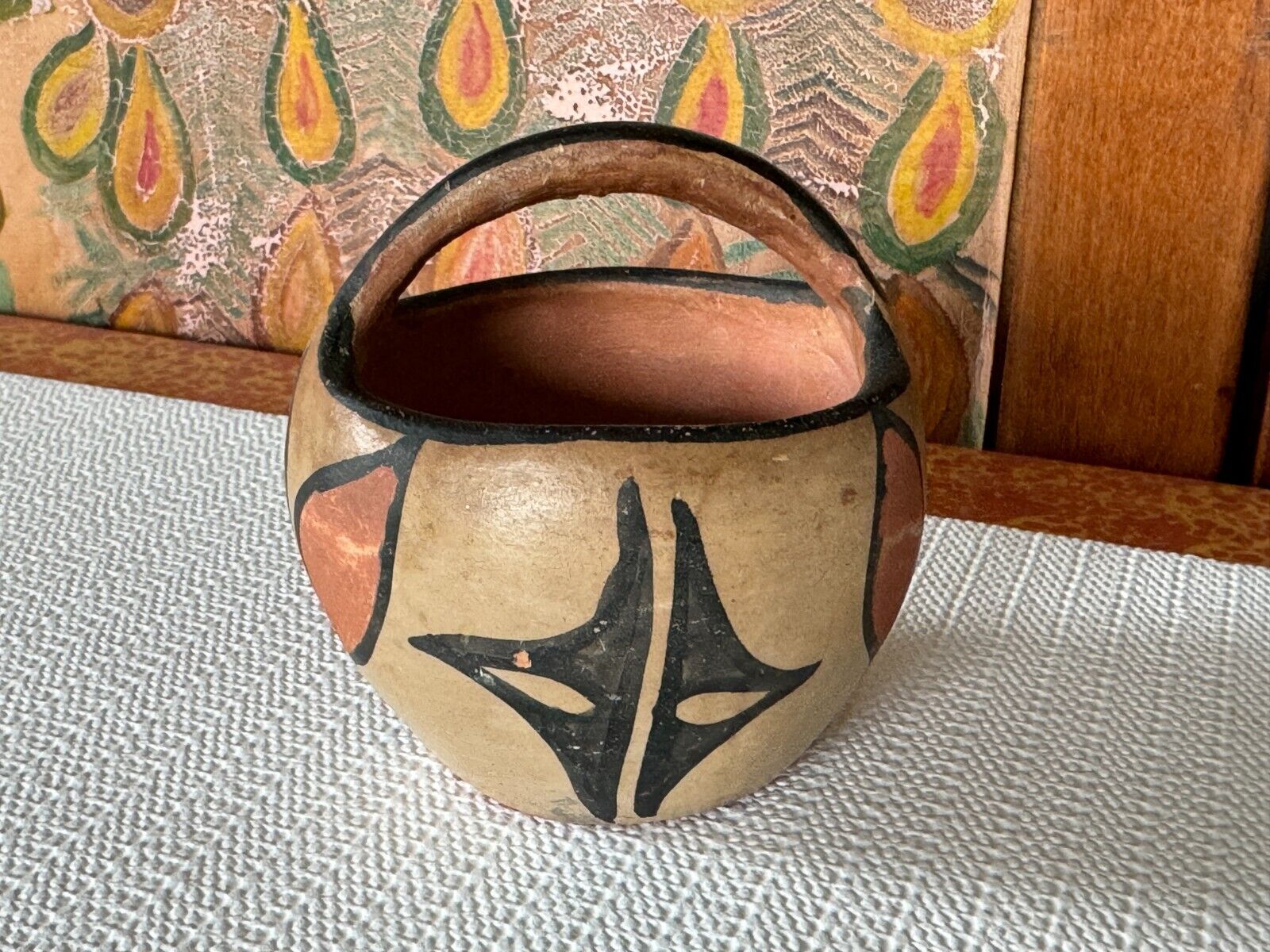 Antique Native American Pueblo Handmade Hand Painted Handled Pottery Bowl