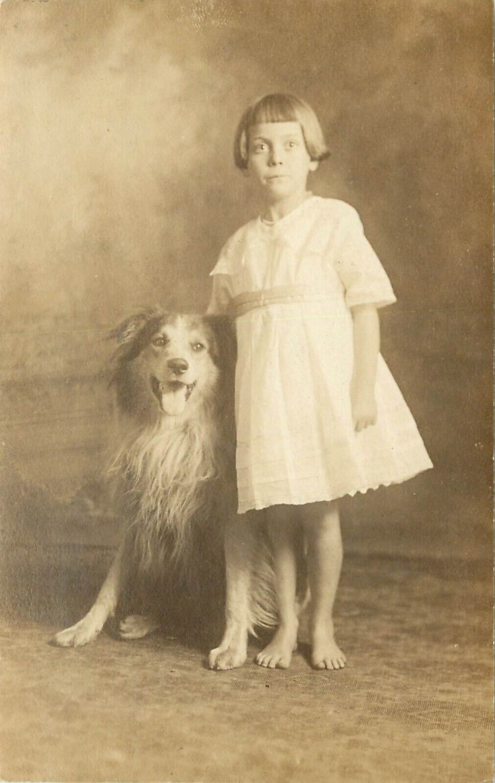 c1910 RPPC Little Barefoot Girl Edythe Walker & Rough Coat Collie Dog Unknown US