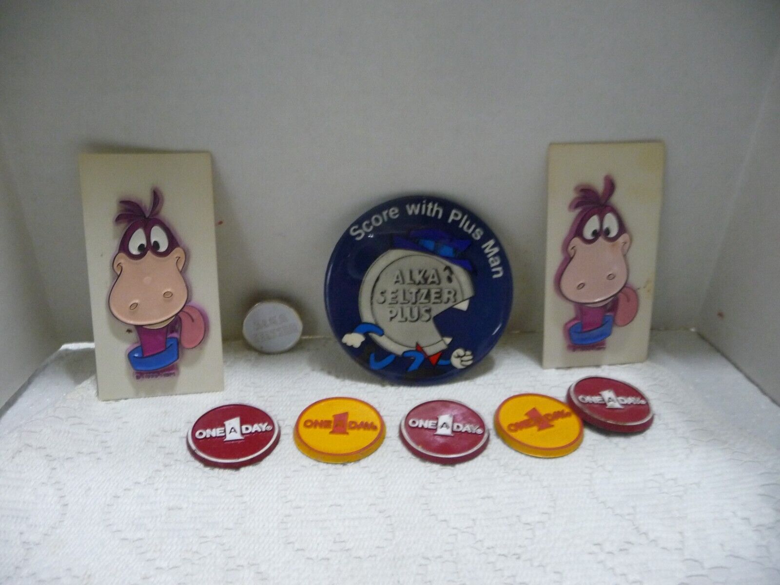 Vintage Miles Laboratories Magnet Lot & Pin, Botton / Dino