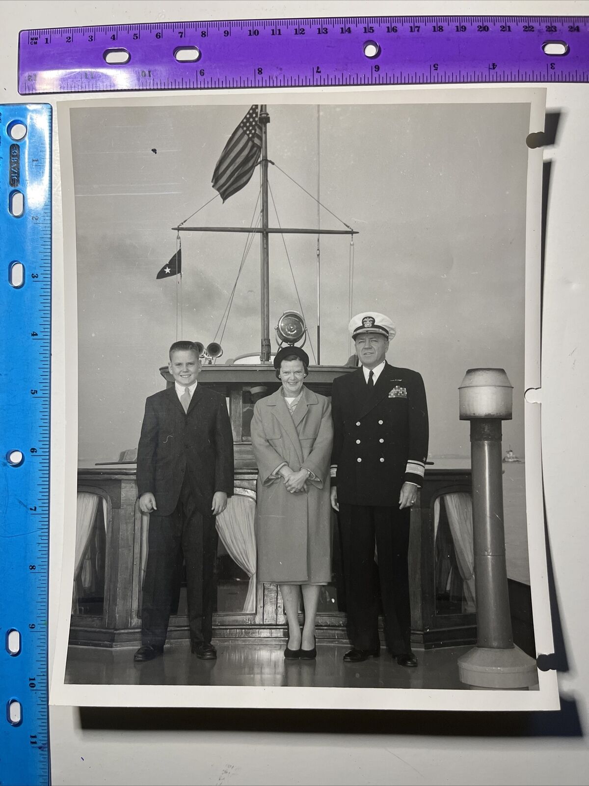 USN NAVY ADMIRAL McLEAN with WIFE & SON Ship Photo Boat Vintage B&W 8x10 FLAGS