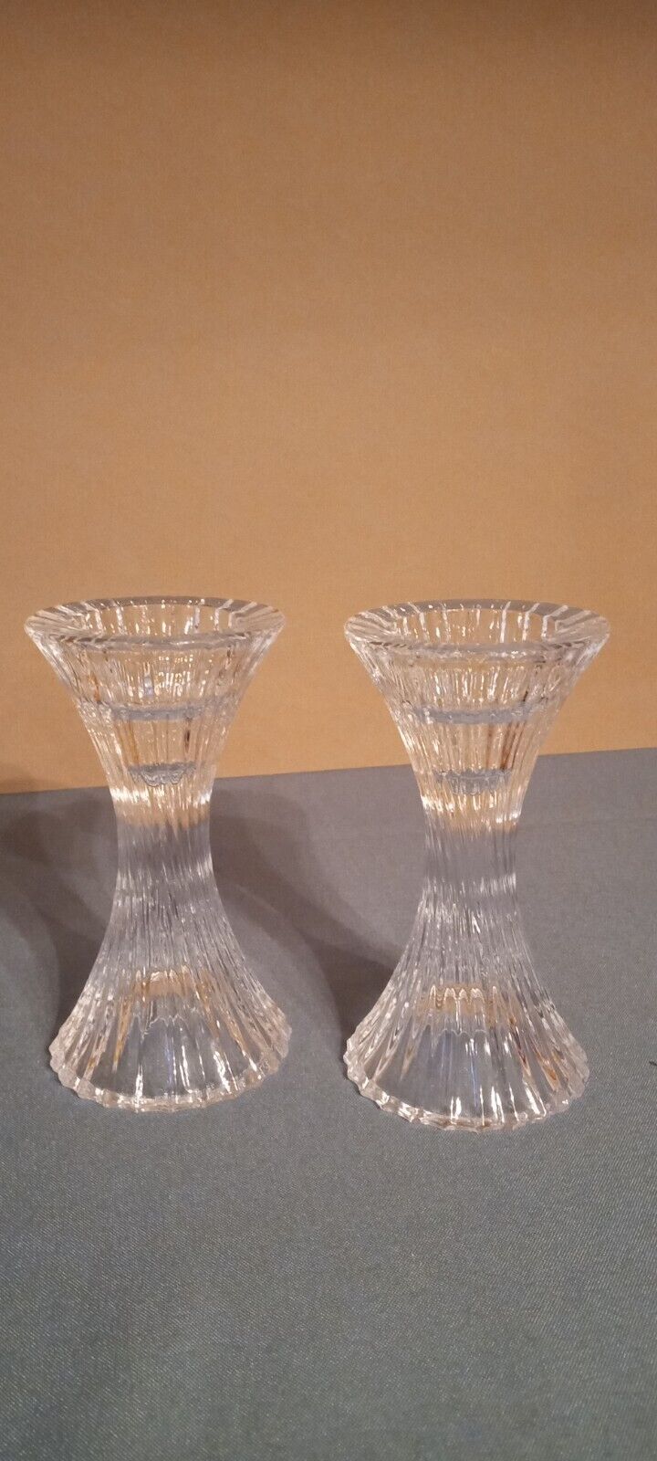 Pair Of Clear Glass  Candlestick Candle Holders, Ribbed Pattern 