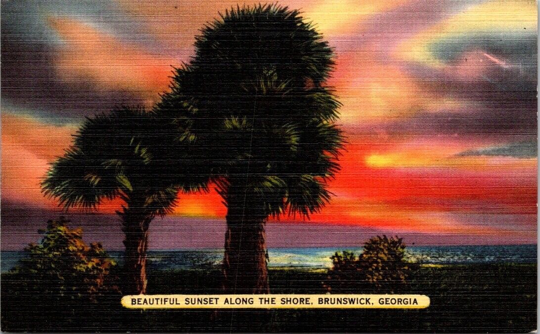 Postcard Beautiful Sunset Along the Shore Brunswick Georgia Linen & Unposted