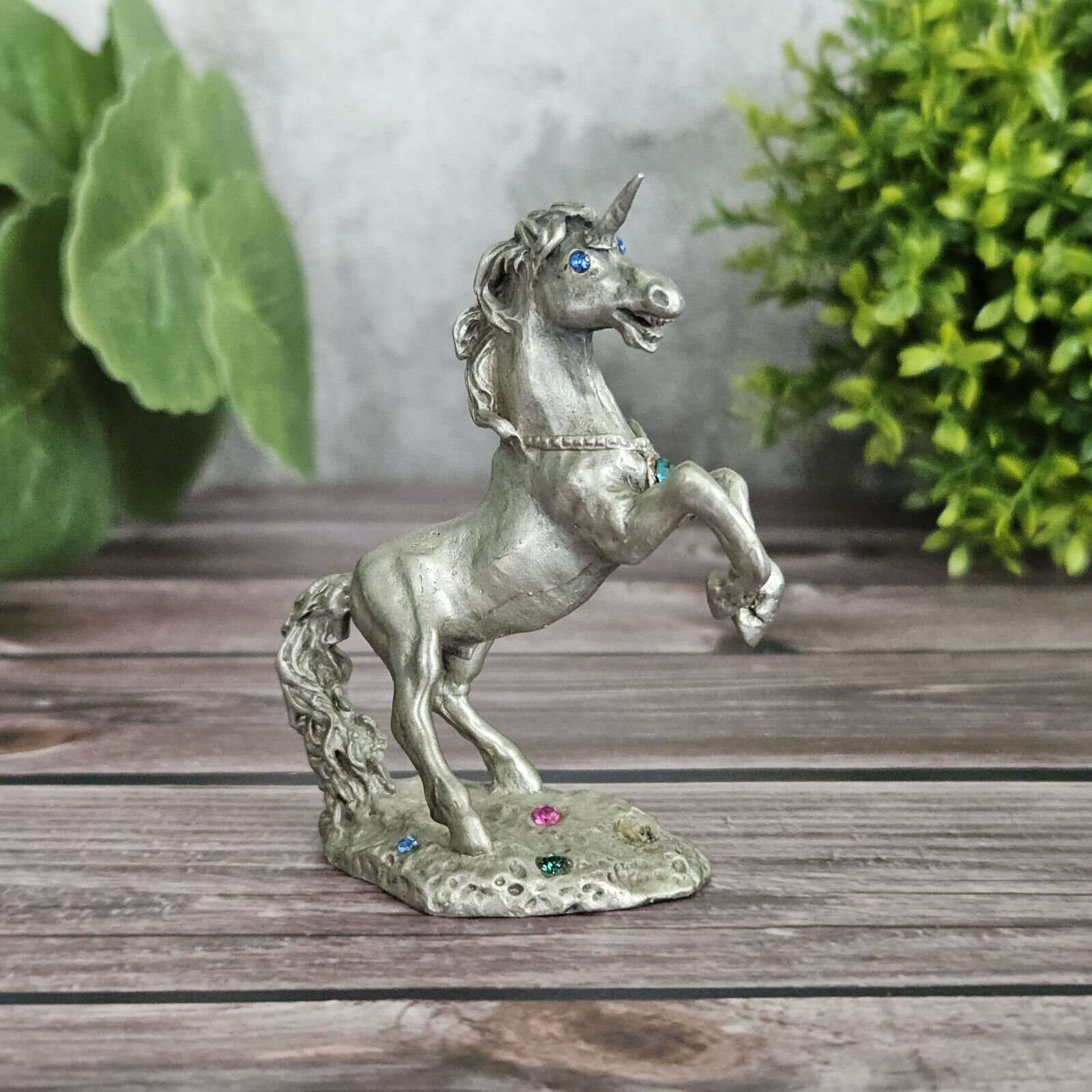 Vintage Pewter Unicorn Figurine with Rhinestone Blue Eyes and Pendant
