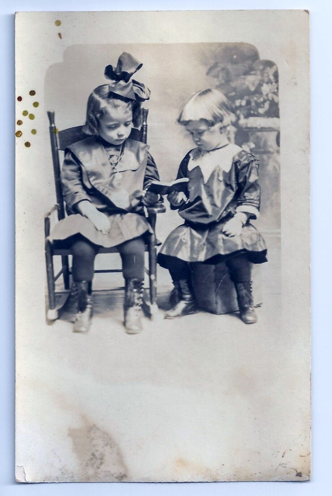 RPPC 1910s Little Girls Reading Book Period Fashion Bows Real Photo 