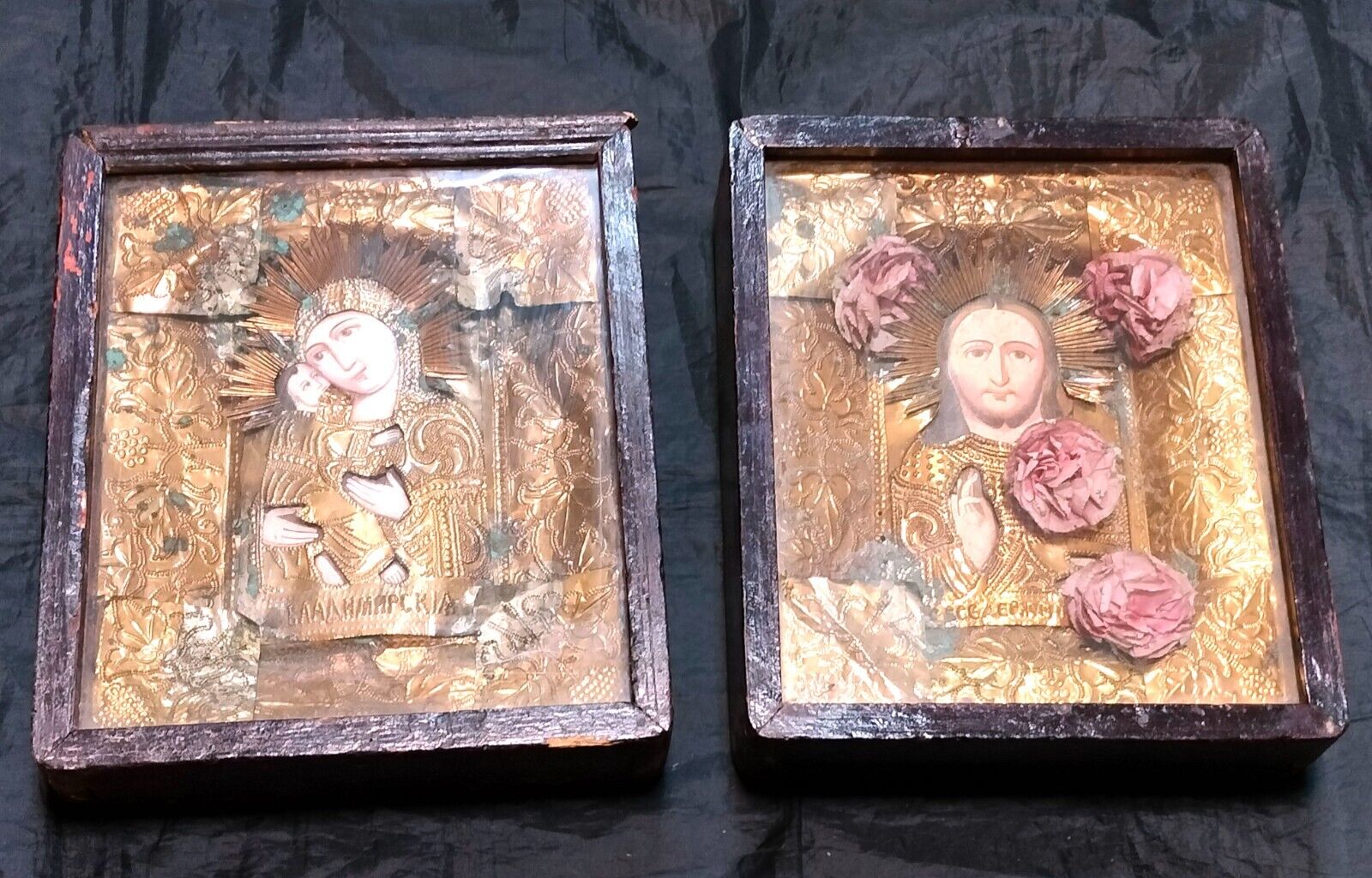 Two Antique Icons with Oklad Wedding Pair Jesus and Mother of God Theotokos