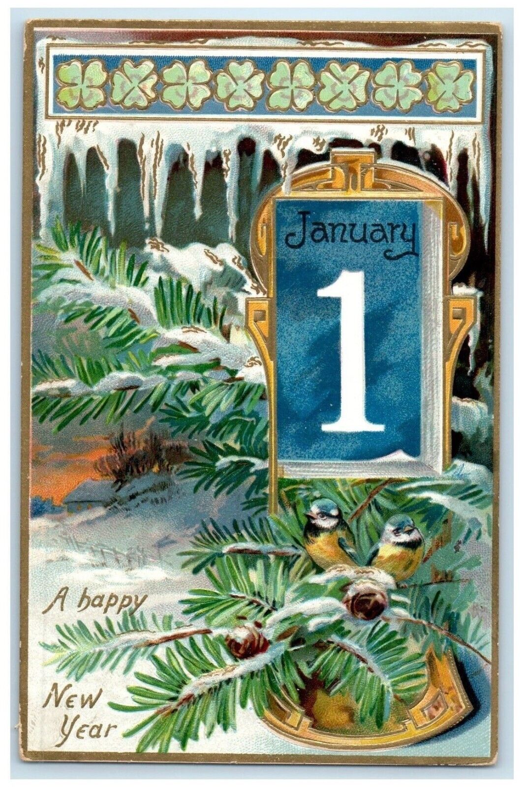 1909 New Year January 1 Song Birds Winter Scene Embossed Posted Antique Postcard