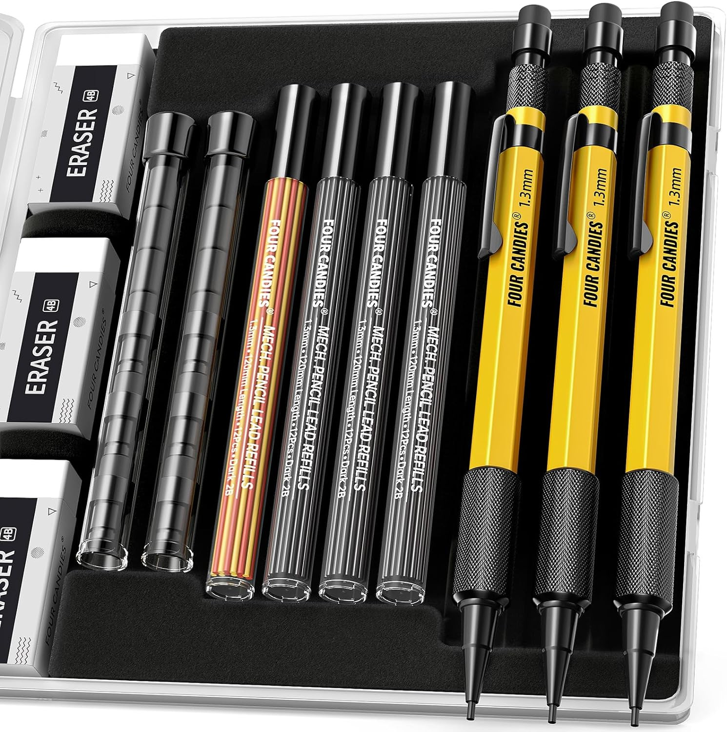 Four Candies 3PCS 1.3Mm Mechanical Pencil Set with Case, Metal Heavy Duty Carpen