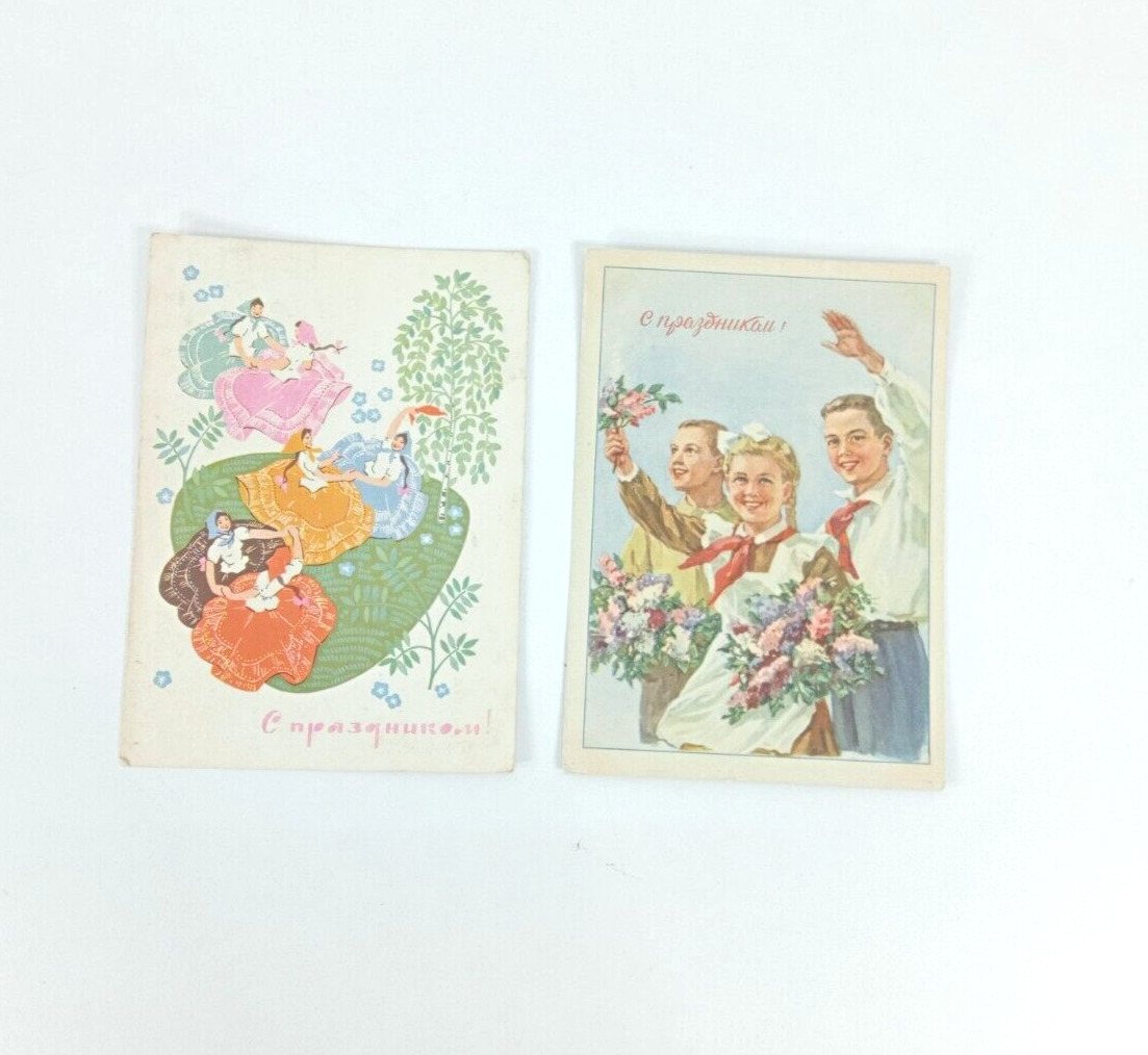 USSR Postcards Happy Holidays Schoolchildren Girls Vintage Soviet Postcard