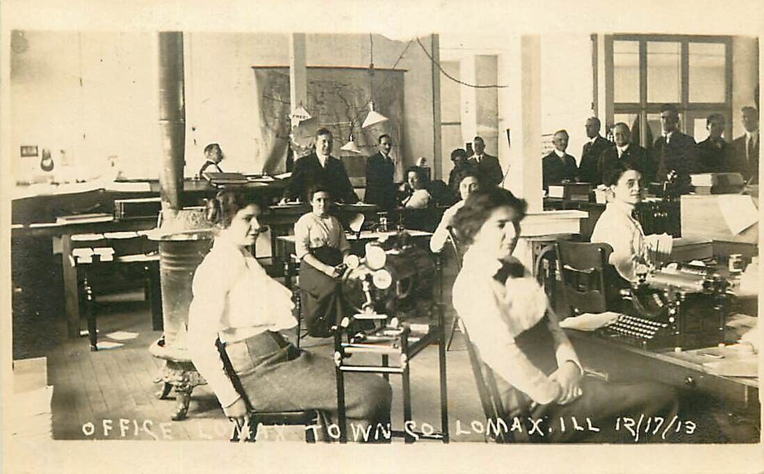 Real Photo Postcard Office Lomax Town Co Interior, Lomax, Illinois - 1913