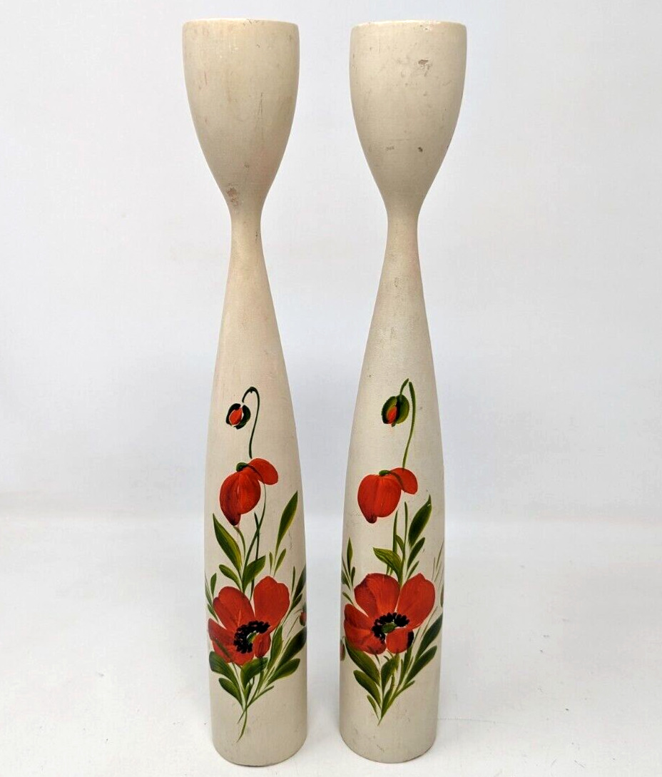 VTG Denmark BR Hand Painted Poppy Teak Wood Candlestick Candle Holders Pair AA23