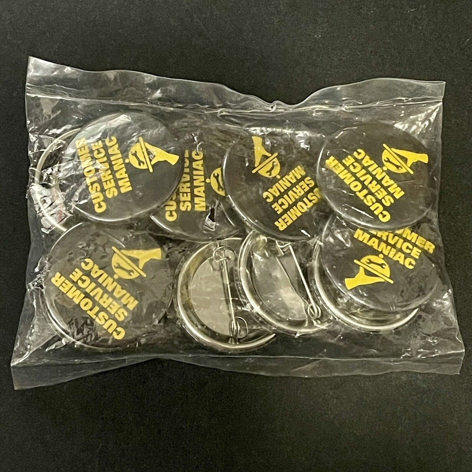 Customer Service Maniac Button Pin Yellow Black Flair Uniform New in Bag 