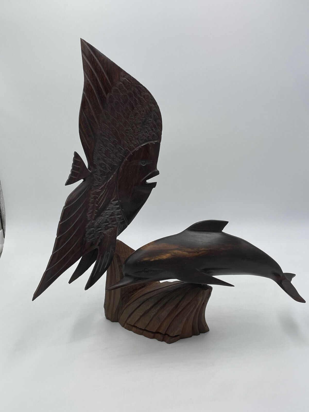 Vintage Hand Carved Ironwood Dolphin and Sunfish Statue 3 Piece Wooden