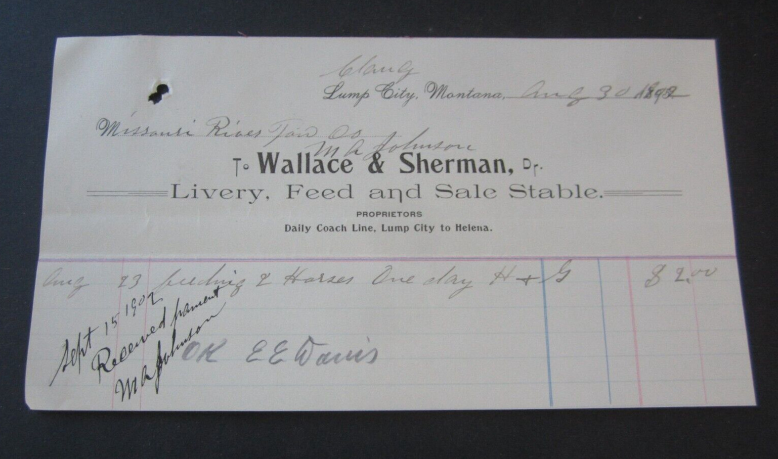 Old 1902 - WALLACE & SHERMAN - LUMP CITY / CLANCY - Montana - Billhead Document